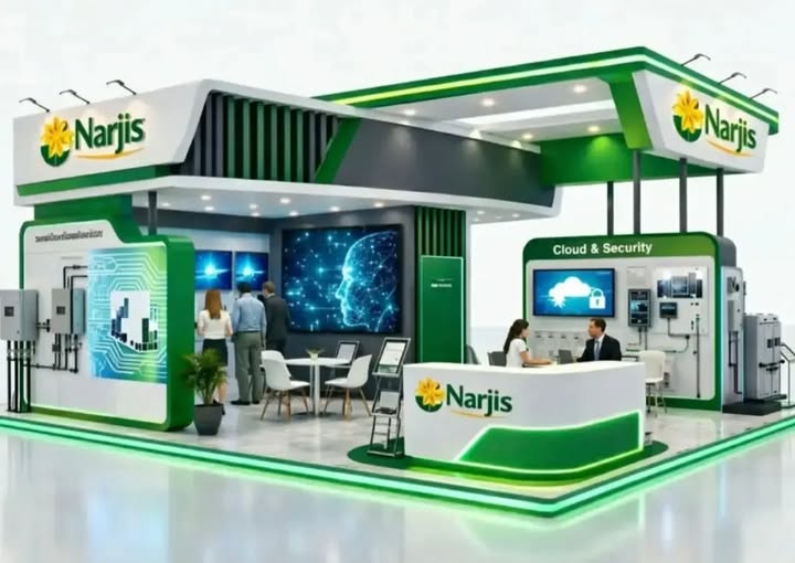 Exhibition booth for Narjis at a tech trade show with a reception desk, seating area, and large digital displays, green branding.